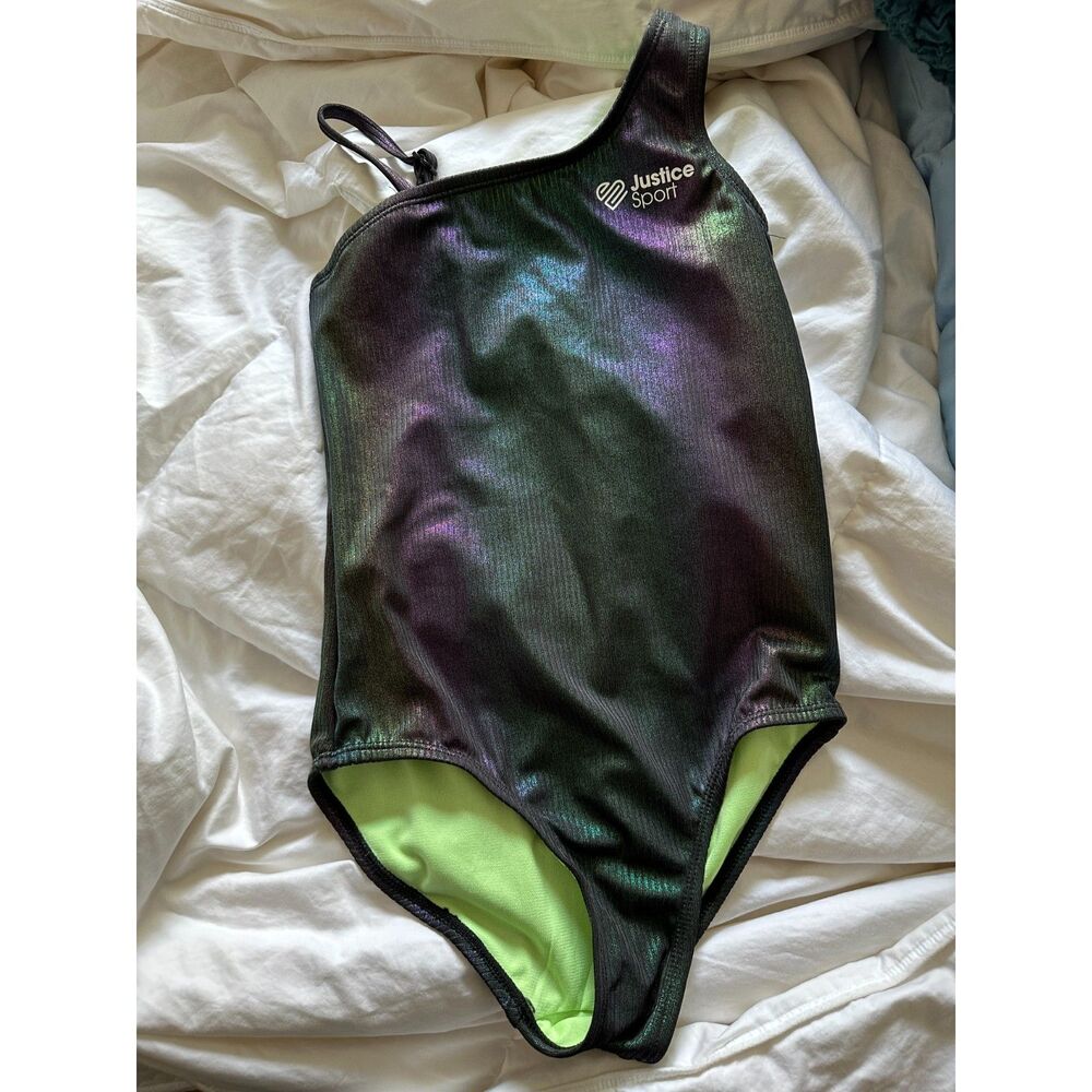 Justice JsPort 1pc Asym Shine Swimsuit Black and Purple Size Medium